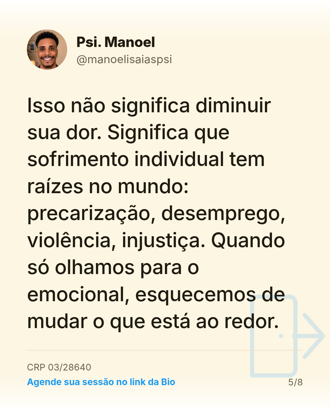 Isso não significa diminuir sua dor. Significa que sofrimento individual tem raízes no mundo: precarização, desemprego, violência, injustiça. Quando só olhamos para o emocional, esquecemos de mudar o que está ao redor.